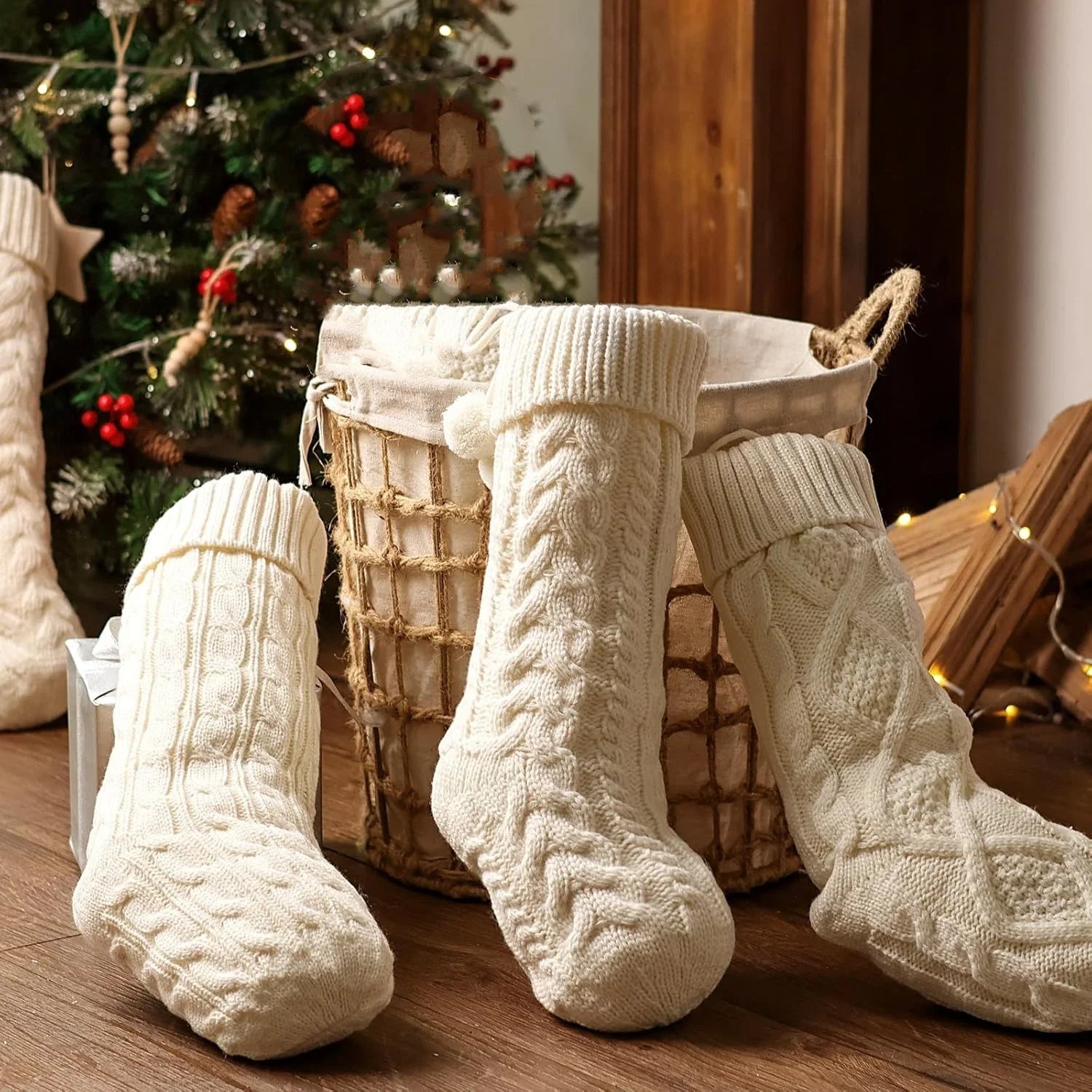 Knitted white Christmas stockings 