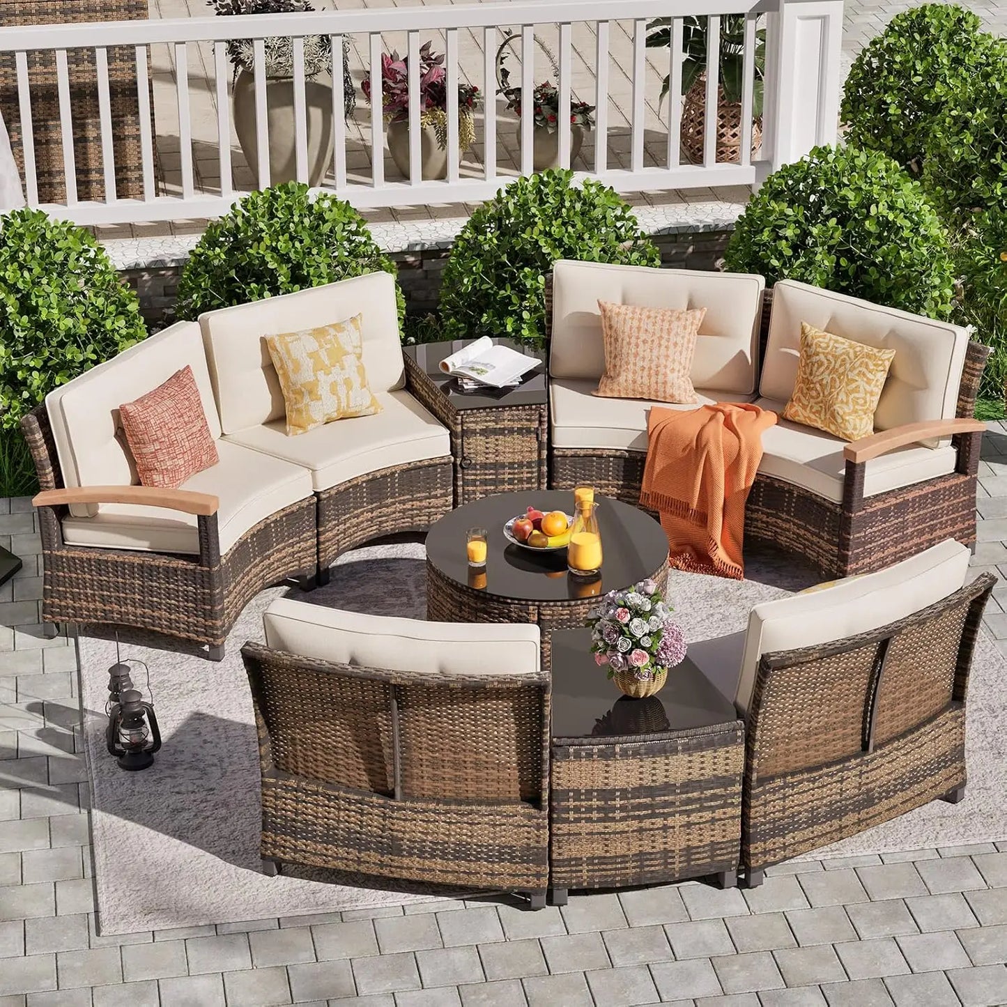 9 PCS Half Moon Rattan Conversation Set
