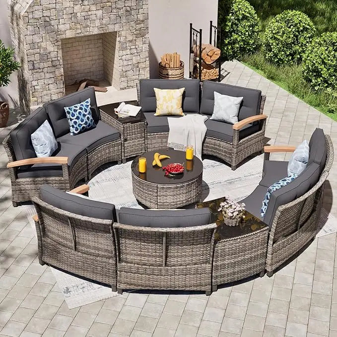 9 PCS Half Moon Rattan Conversation Set