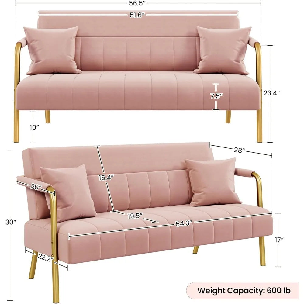 Pink sofa with gold frame and dimensions on a white background