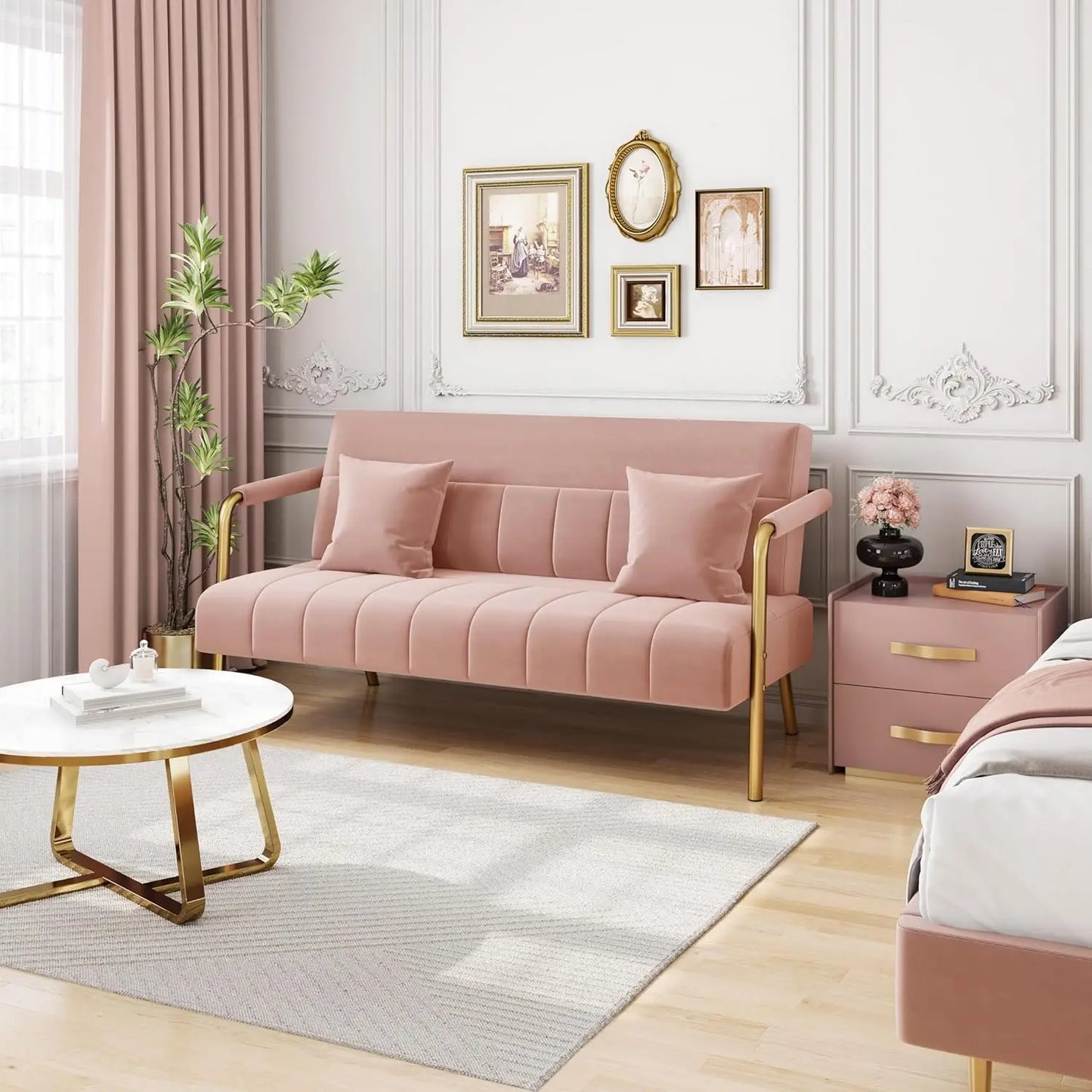 Pink sofa in a stylish living room with decor elements.