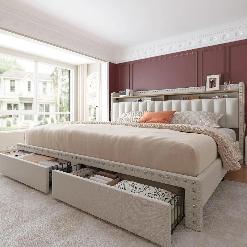 modern Beige upholstered bed with storage drawers