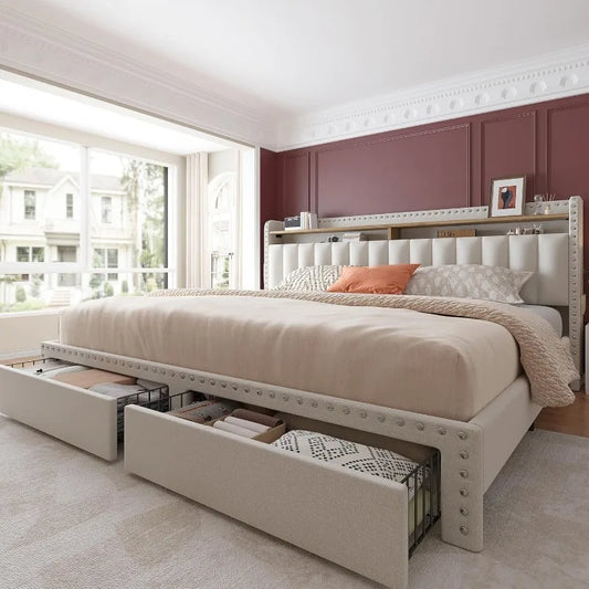 modern Beige upholstered bed with storage drawers