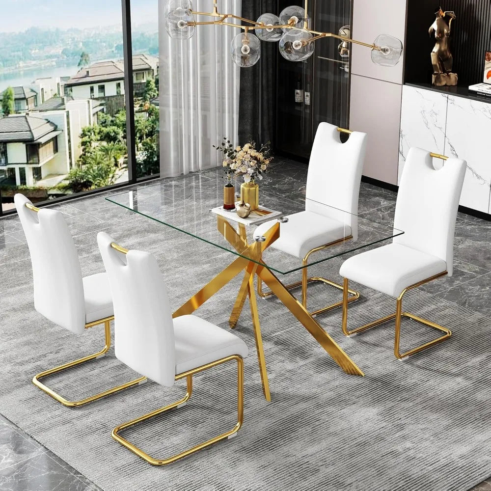 Modern dining set with glass table and white chairs in a stylish room.