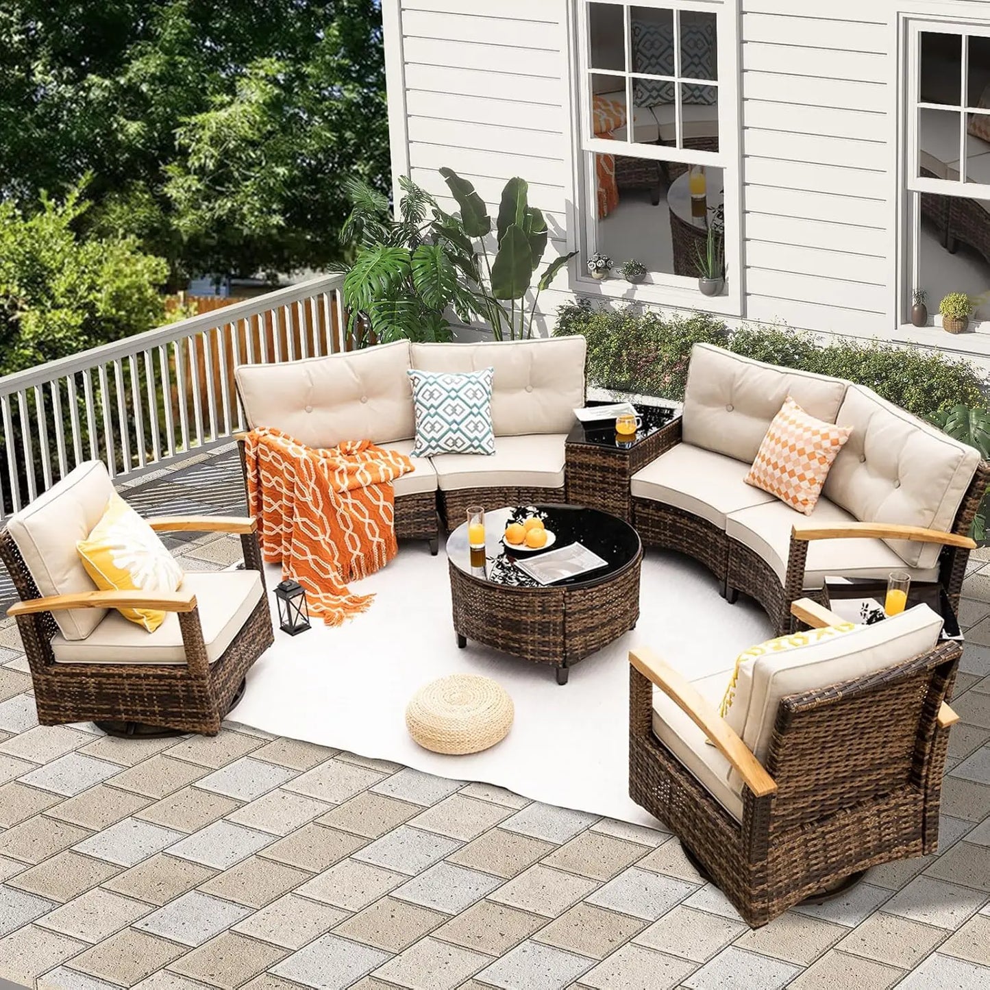 9 PCS Half Moon Rattan Conversation Set