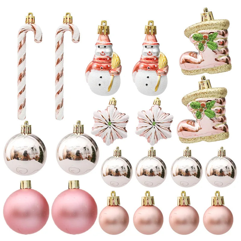 Collection of Christmas ornaments including candy canes, snowmen, boots, and balls in pink and gold.