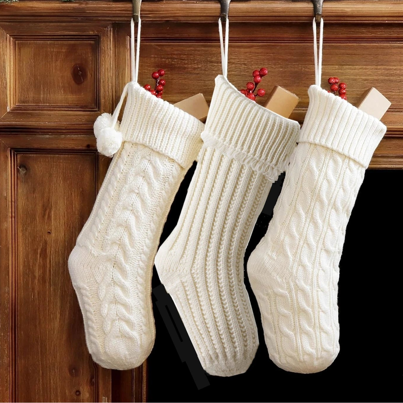 Three white knit stockings 