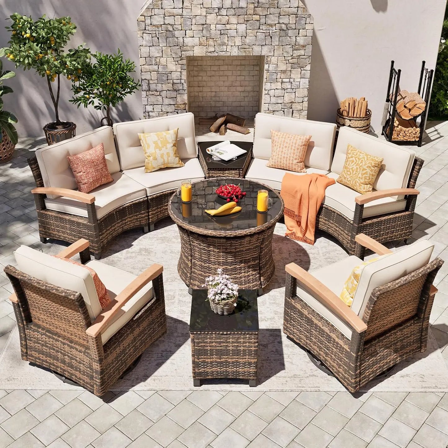 9 PCS Half Moon Rattan Conversation Set