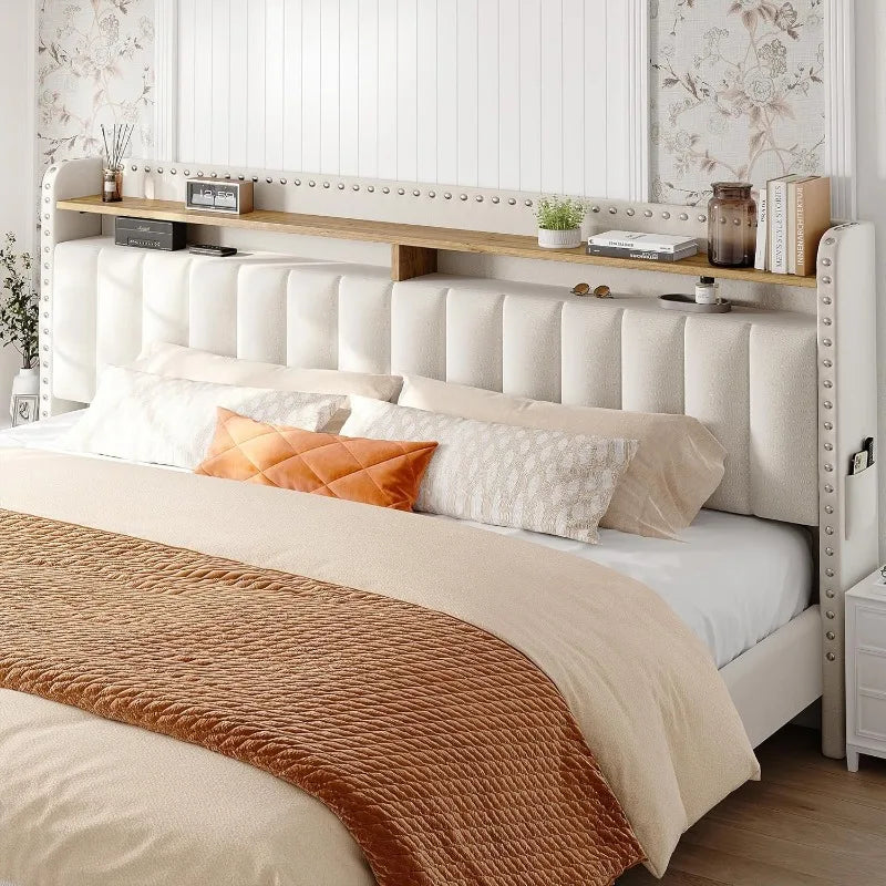 Upholstered King Bed Frame with Storage Drawers