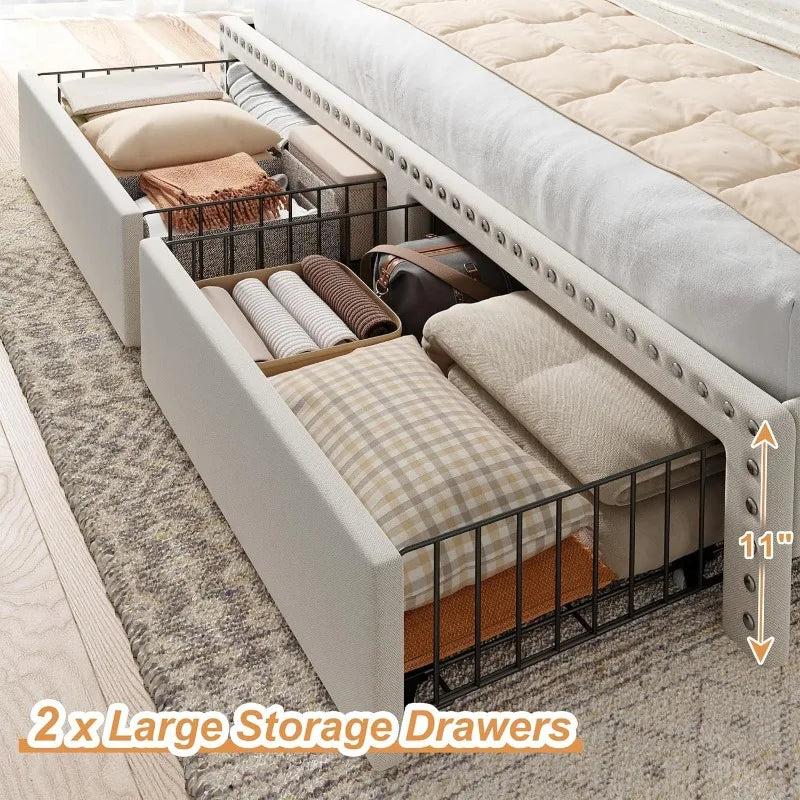 Upholstered King Bed Frame with Storage Drawers