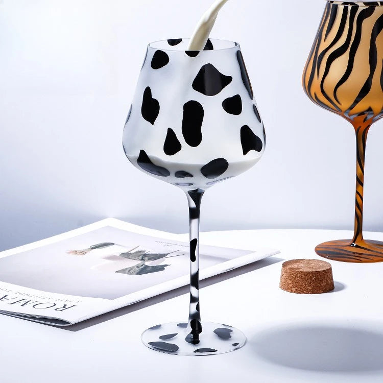 Black and white cow print wine glass 