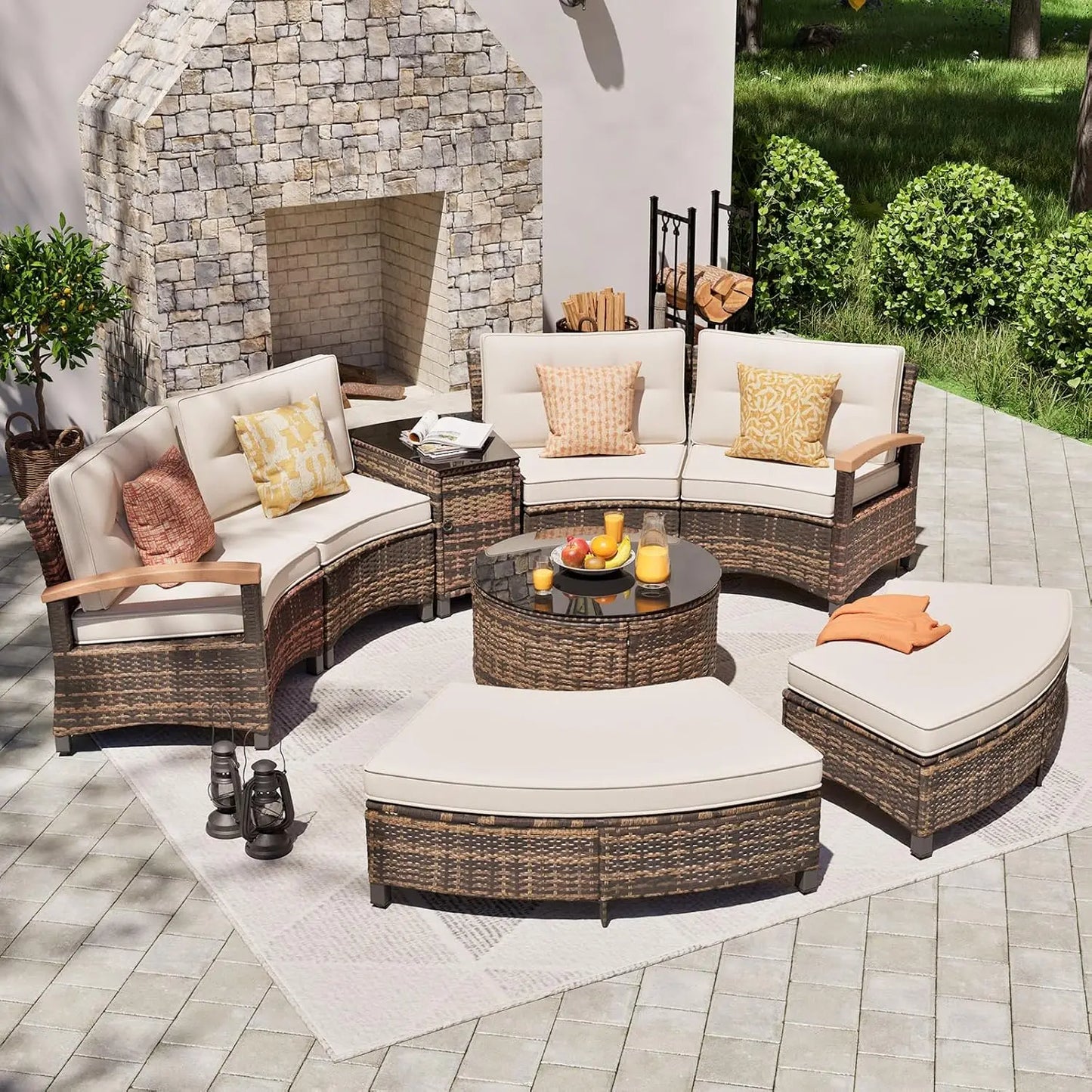 9 PCS Half Moon Rattan Conversation Set