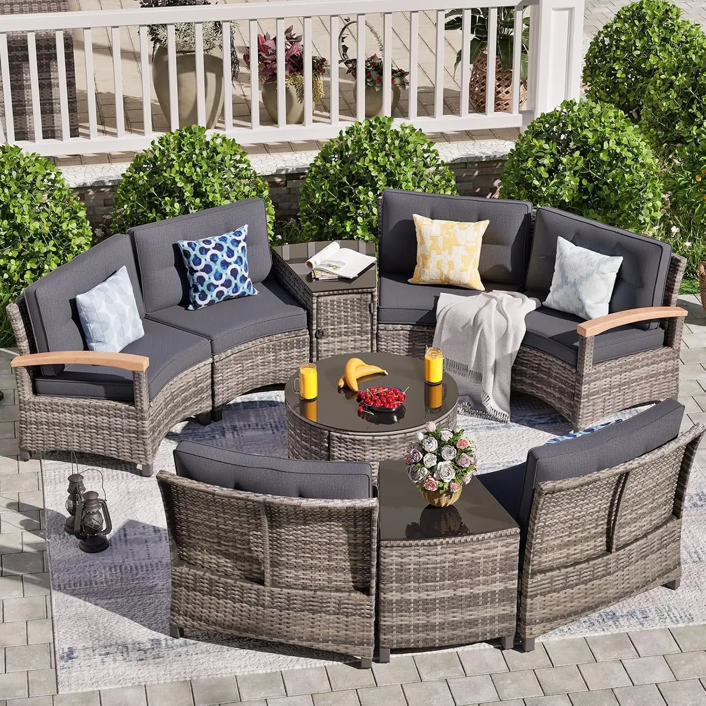 9 PCS Half Moon Rattan Conversation Set
